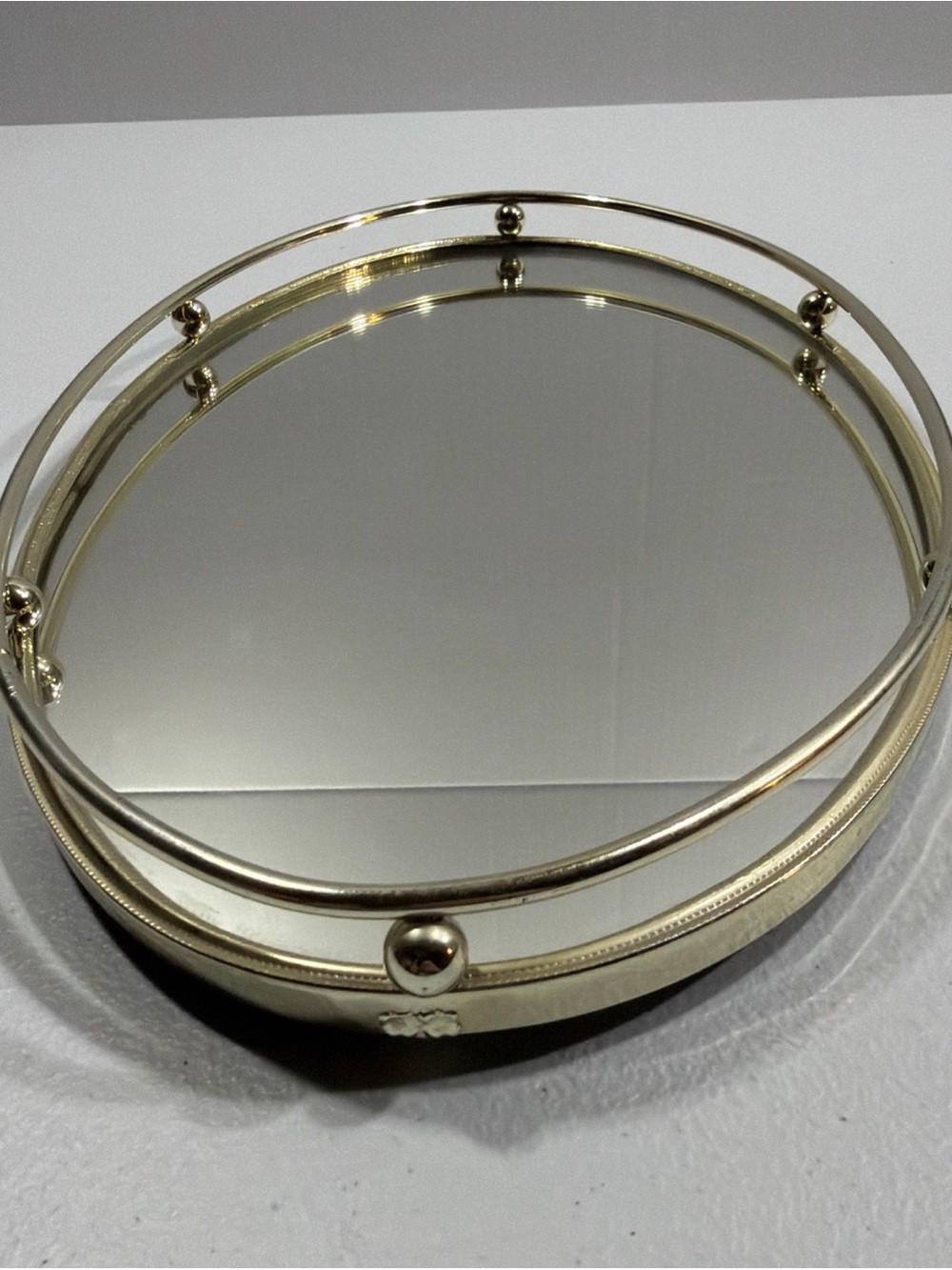 Vintage Oval Mirrored Vanity Tray Gold Tone Brass Rail MCM Hollywood Regency